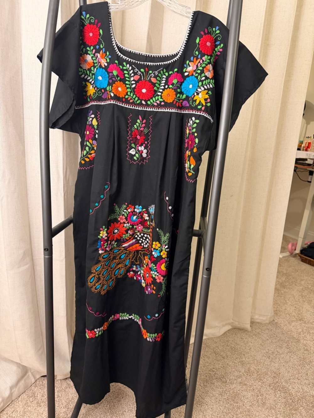 Traditional Mexican Black Embroidered Floral Maxi Dress with Peacock Motif